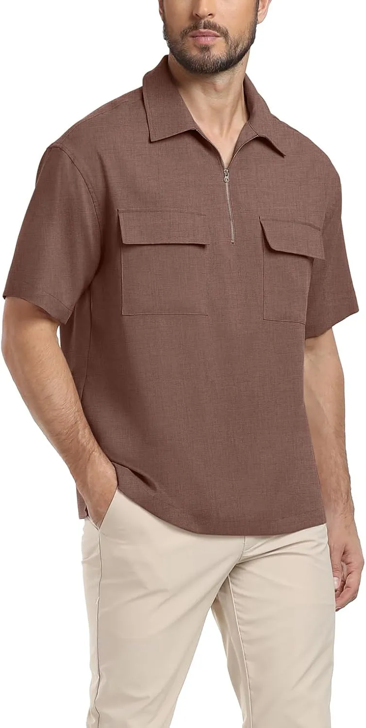 Lepunuo Mens Zipper Polo Shirts Linen Casual Short Sleeve Shirts Loose Fit T Shirts with Cargo Pockets