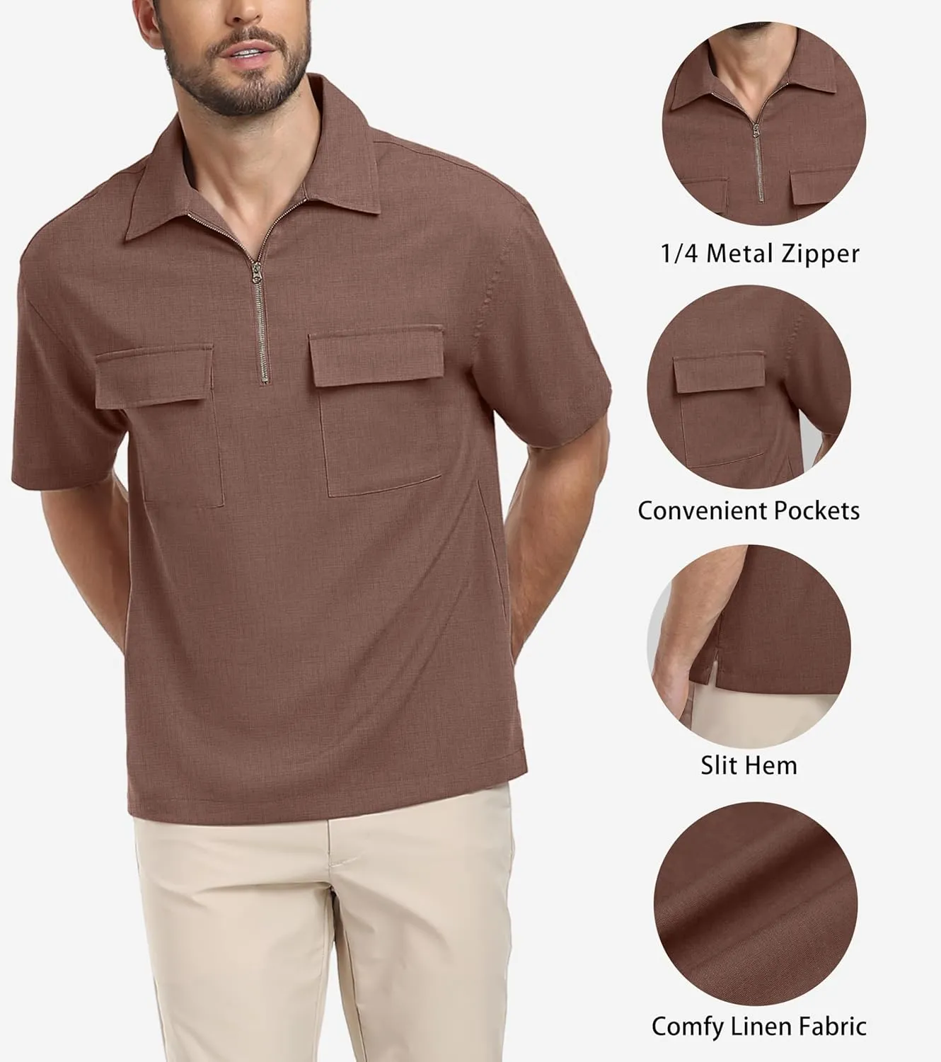 Lepunuo Mens Zipper Polo Shirts Linen Casual Short Sleeve Shirts Loose Fit T Shirts with Cargo Pockets