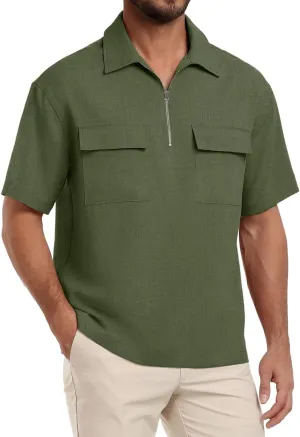 Lepunuo Mens Zipper Polo Shirts Linen Casual Short Sleeve Shirts Loose Fit T Shirts with Cargo Pockets
