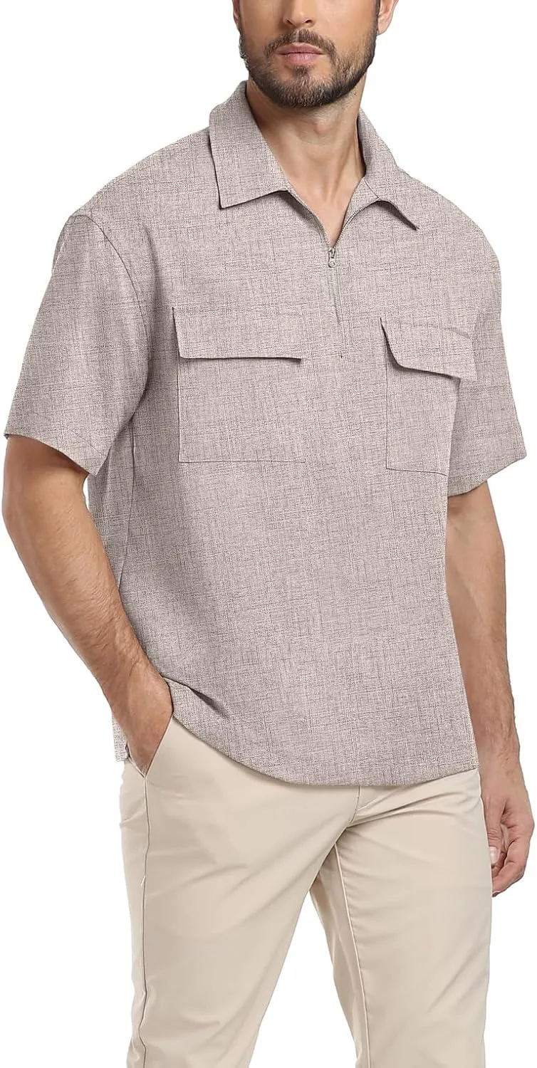 Lepunuo Mens Zipper Polo Shirts Linen Casual Short Sleeve Shirts Loose Fit T Shirts with Cargo Pockets