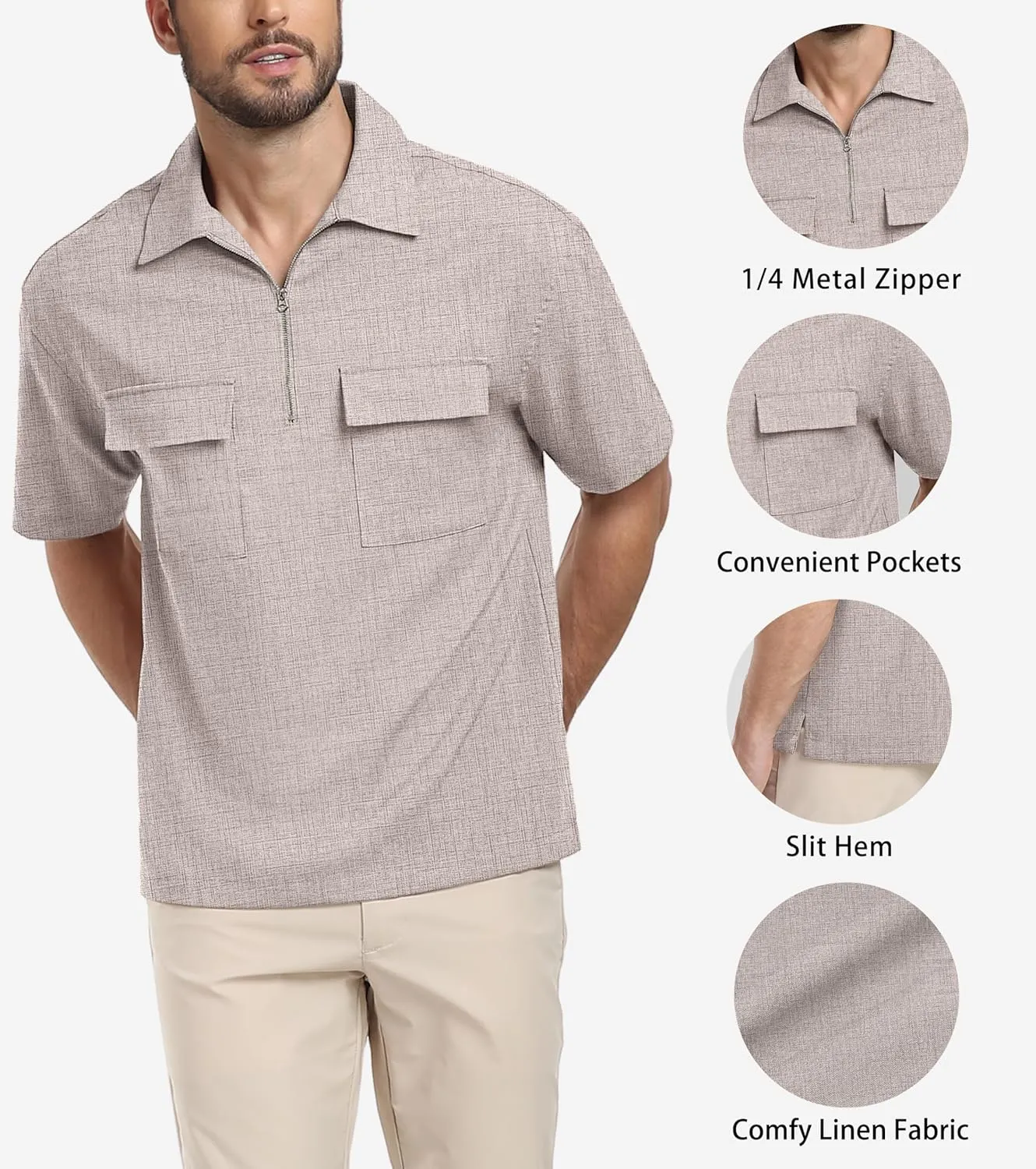 Lepunuo Mens Zipper Polo Shirts Linen Casual Short Sleeve Shirts Loose Fit T Shirts with Cargo Pockets