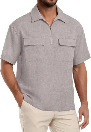 Lepunuo Mens Zipper Polo Shirts Linen Casual Short Sleeve Shirts Loose Fit T Shirts with Cargo Pockets