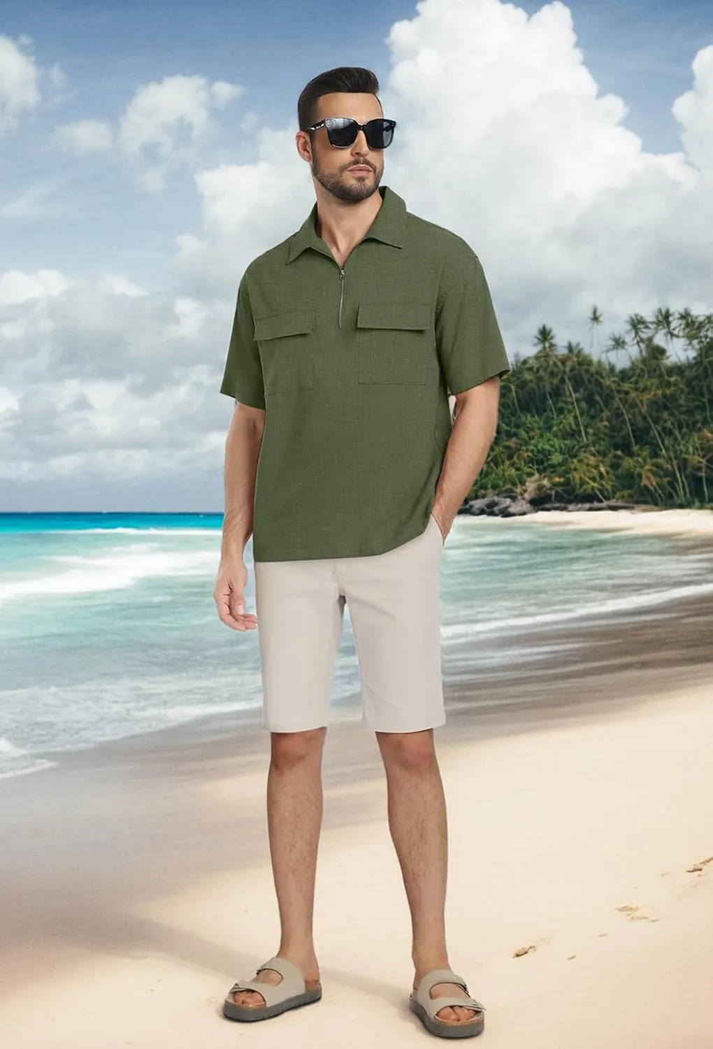Lepunuo Mens Zipper Polo Shirts Linen Casual Short Sleeve Shirts Loose Fit T Shirts with Cargo Pockets