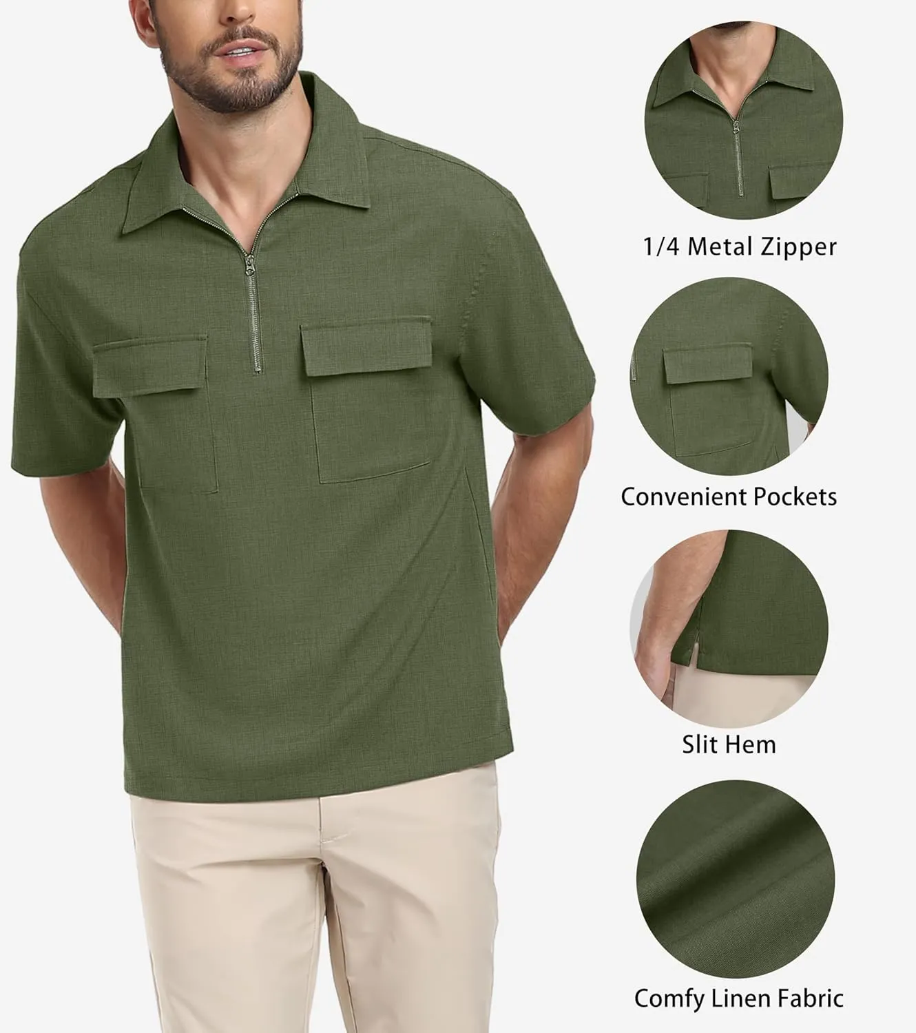 Lepunuo Mens Zipper Polo Shirts Linen Casual Short Sleeve Shirts Loose Fit T Shirts with Cargo Pockets