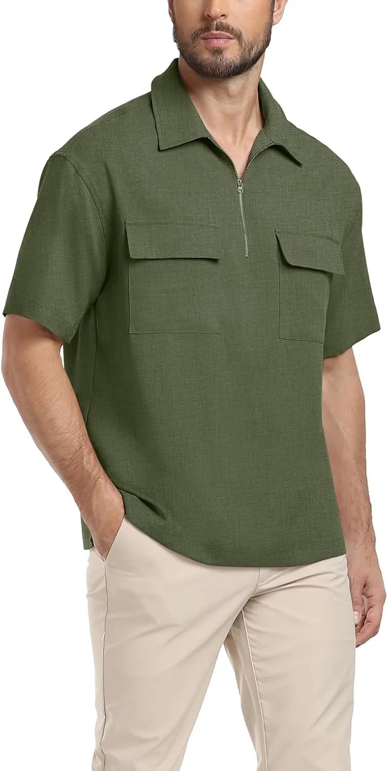 Lepunuo Mens Zipper Polo Shirts Linen Casual Short Sleeve Shirts Loose Fit T Shirts with Cargo Pockets