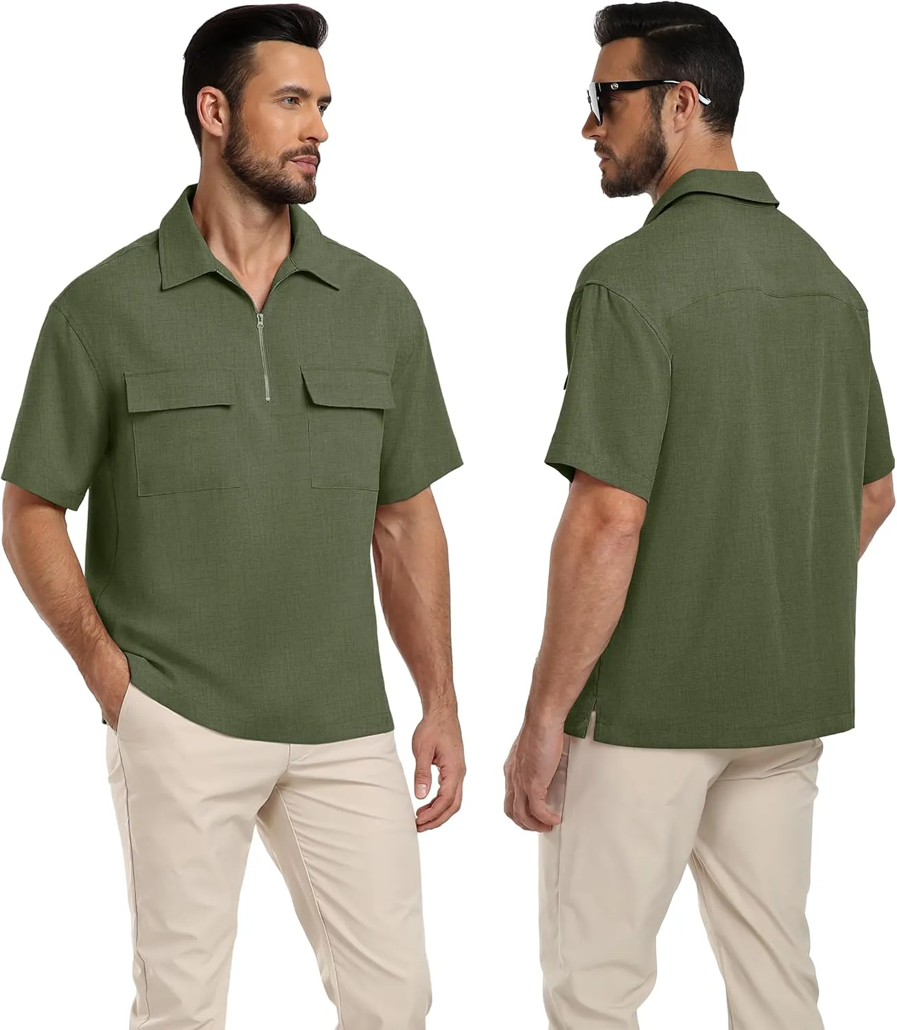 Lepunuo Mens Zipper Polo Shirts Linen Casual Short Sleeve Shirts Loose Fit T Shirts with Cargo Pockets