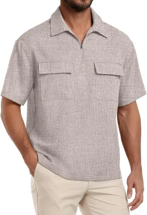 Lepunuo Mens Zipper Polo Shirts Linen Casual Short Sleeve Shirts Loose Fit T Shirts with Cargo Pockets