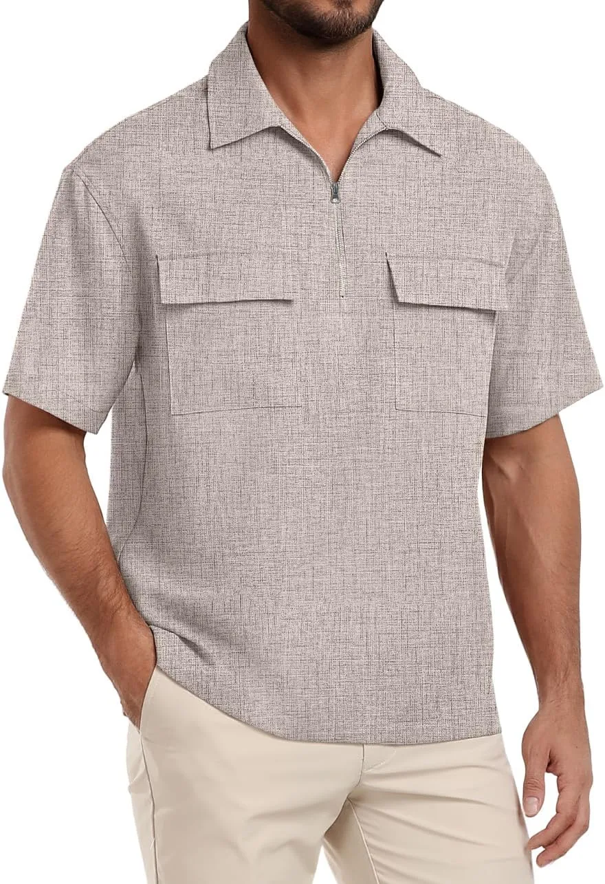 Lepunuo Mens Zipper Polo Shirts Linen Casual Short Sleeve Shirts Loose Fit T Shirts with Cargo Pockets