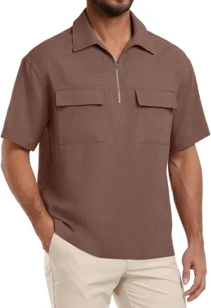 Lepunuo Mens Zipper Polo Shirts Linen Casual Short Sleeve Shirts Loose Fit T Shirts with Cargo Pockets