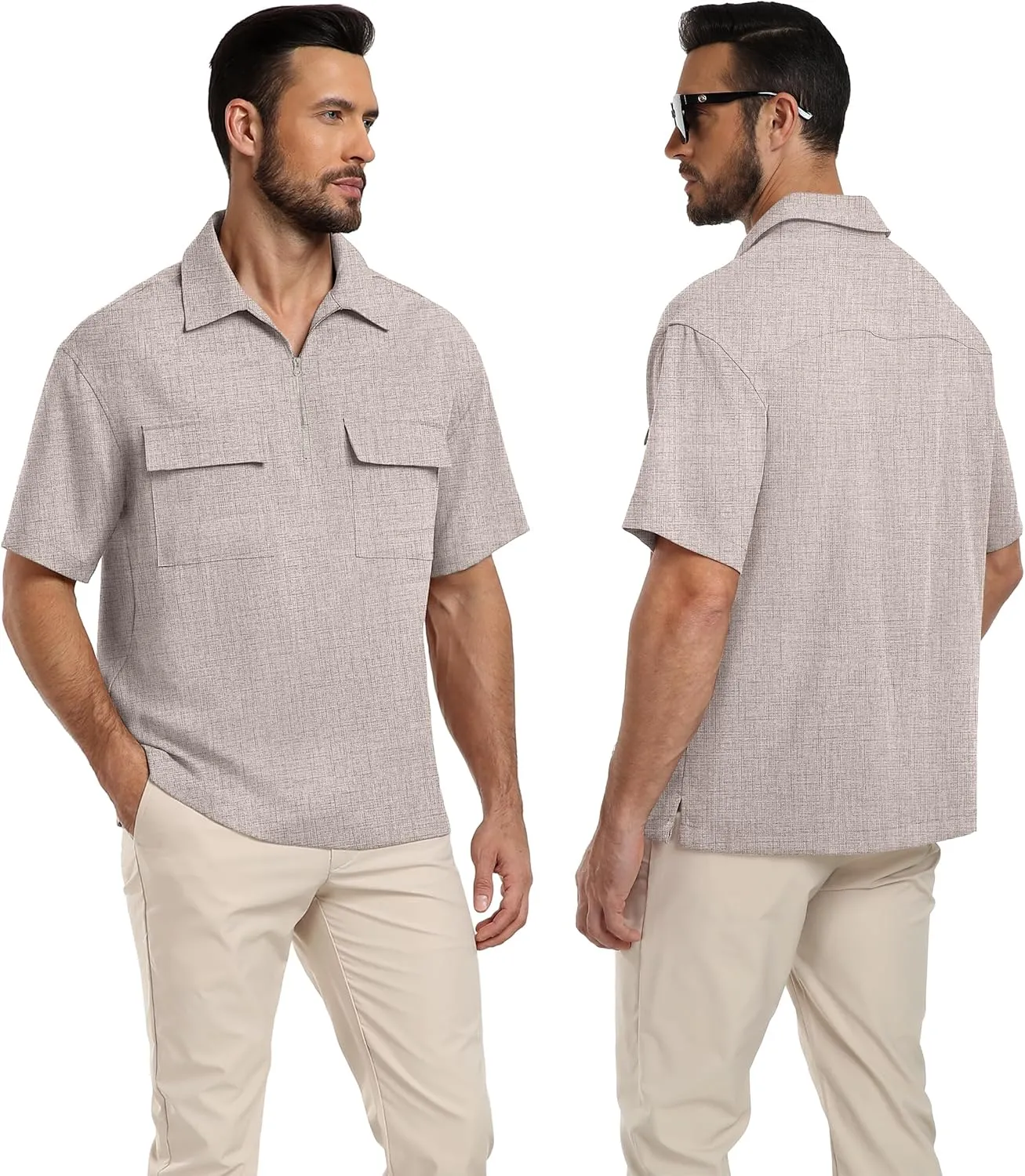 Lepunuo Mens Zipper Polo Shirts Linen Casual Short Sleeve Shirts Loose Fit T Shirts with Cargo Pockets