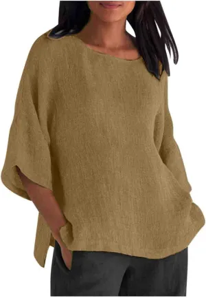 Linen Shirts for Women Plus Size 3/4 Length Sleeve Tops Casual Loose Fit Round Neck Tees 2025 Summer Blouse