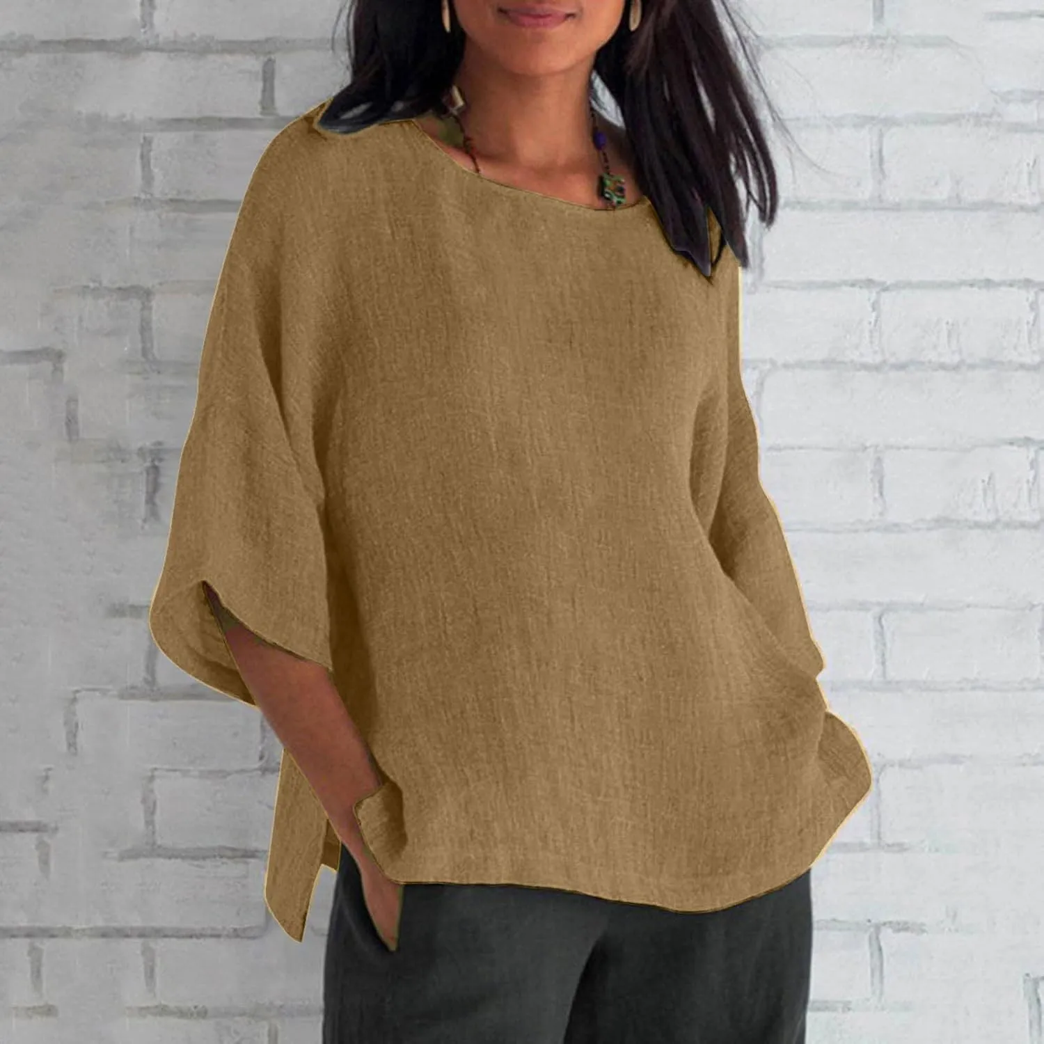 Linen Shirts for Women Plus Size 3/4 Length Sleeve Tops Casual Loose Fit Round Neck Tees 2025 Summer Blouse