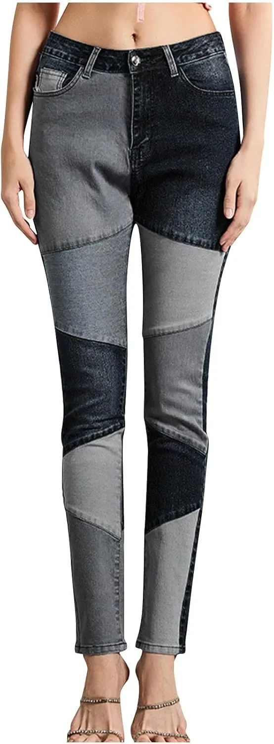 Lmdudan Denim Pants for Women High Waisted Stretch Patchwork Jeans Skinny Casual Distressed Ankle Length Patch Jeans Pant