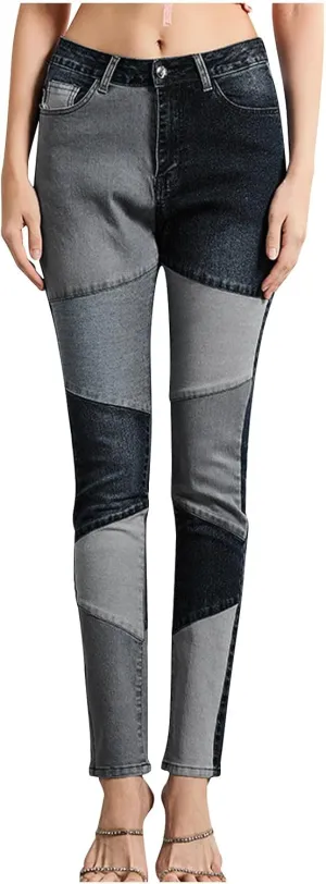 Lmdudan Denim Pants for Women High Waisted Stretch Patchwork Jeans Skinny Casual Distressed Ankle Length Patch Jeans Pant