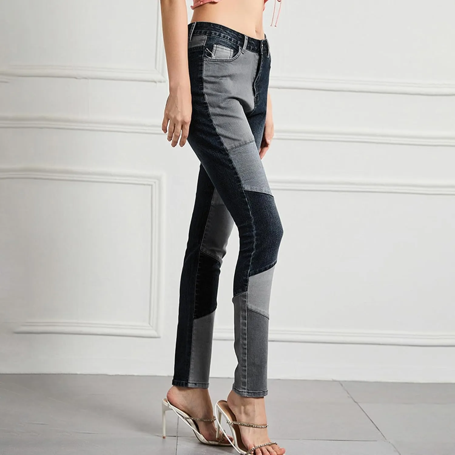 Lmdudan Denim Pants for Women High Waisted Stretch Patchwork Jeans Skinny Casual Distressed Ankle Length Patch Jeans Pant