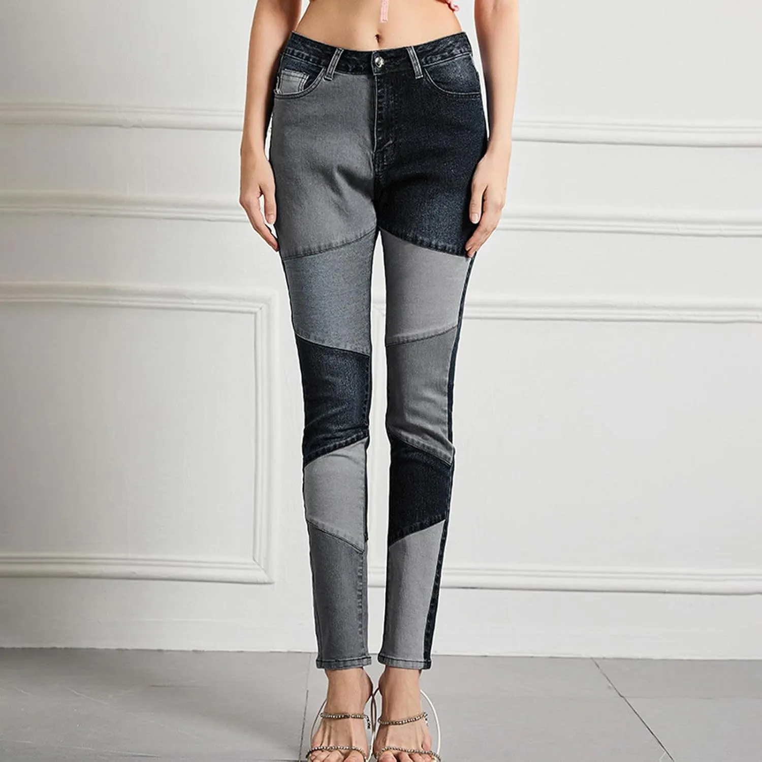 Lmdudan Denim Pants for Women High Waisted Stretch Patchwork Jeans Skinny Casual Distressed Ankle Length Patch Jeans Pant