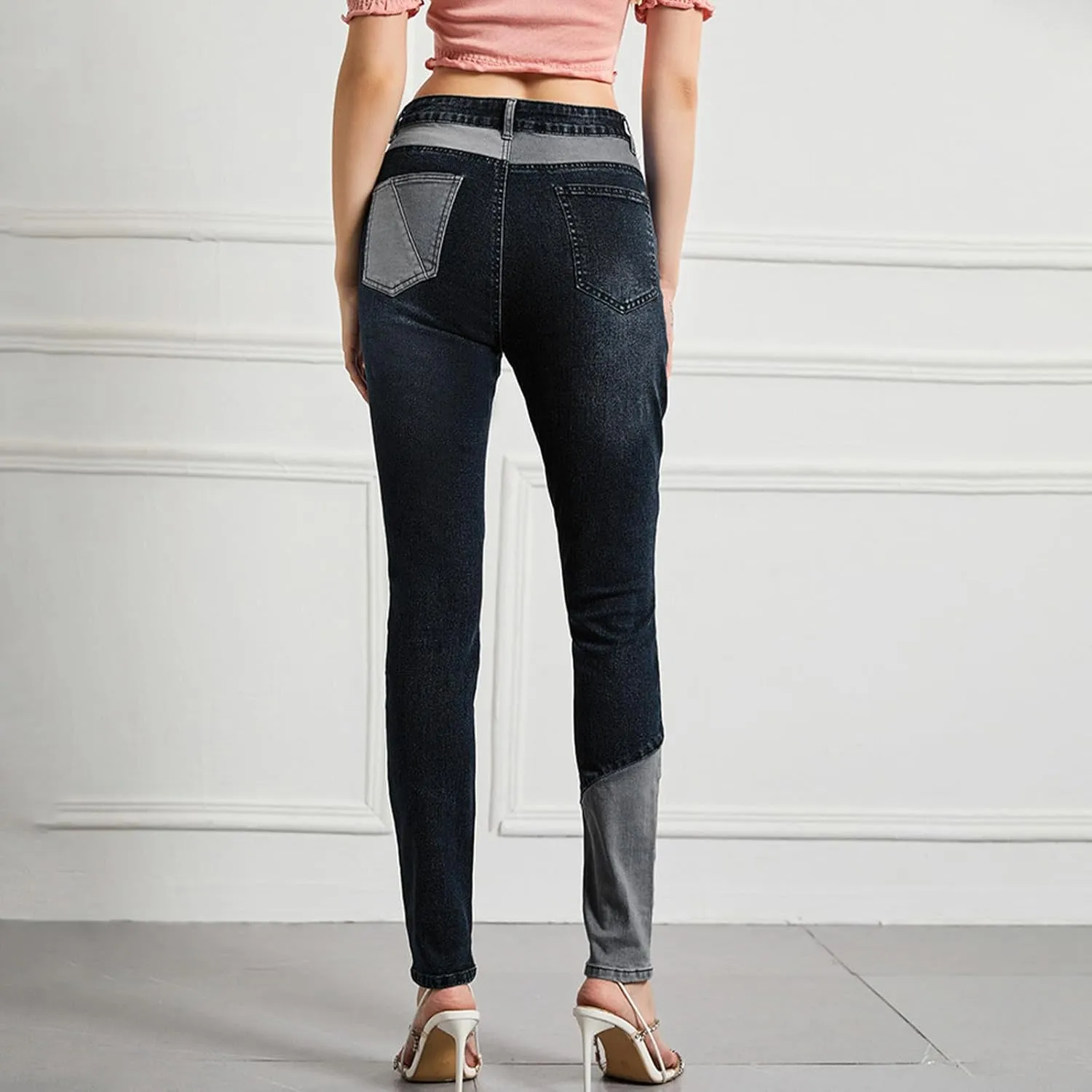 Lmdudan Denim Pants for Women High Waisted Stretch Patchwork Jeans Skinny Casual Distressed Ankle Length Patch Jeans Pant