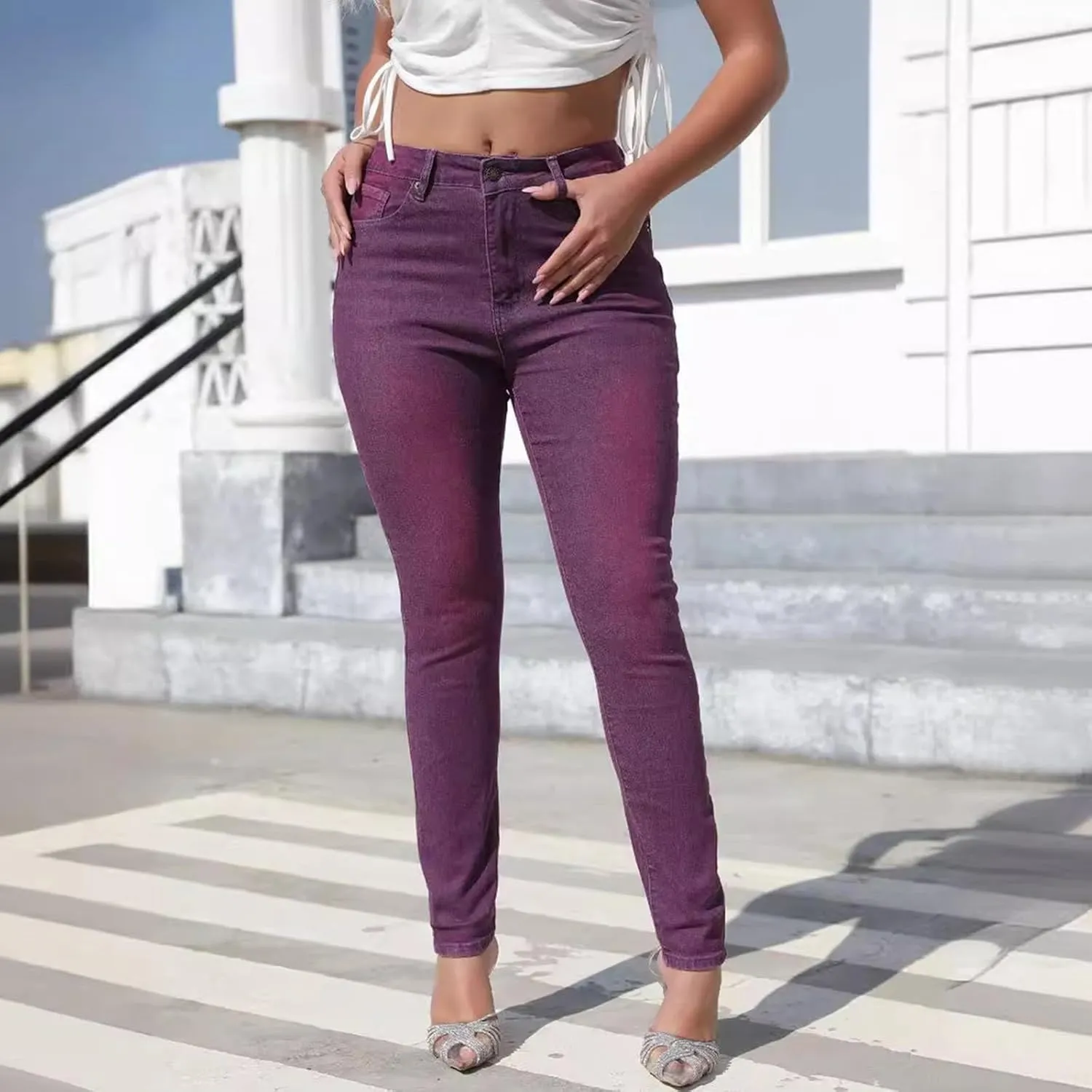 Lmdudan Women High Waisted Stretch Skinny Jeans Mid Rise Straight Leg Denim Pants 2024 Fashion Casual Streetwear with Pockets