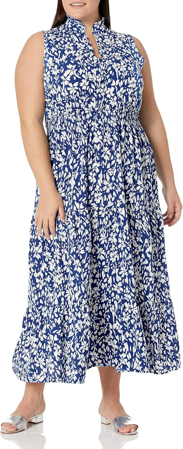 London Times Women's Easy Feminine Versatile Smocked Waist Ruffle Neckline