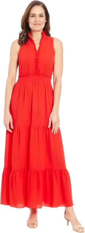 London Times Women's Easy Feminine Versatile Smocked Waist Ruffle Neckline