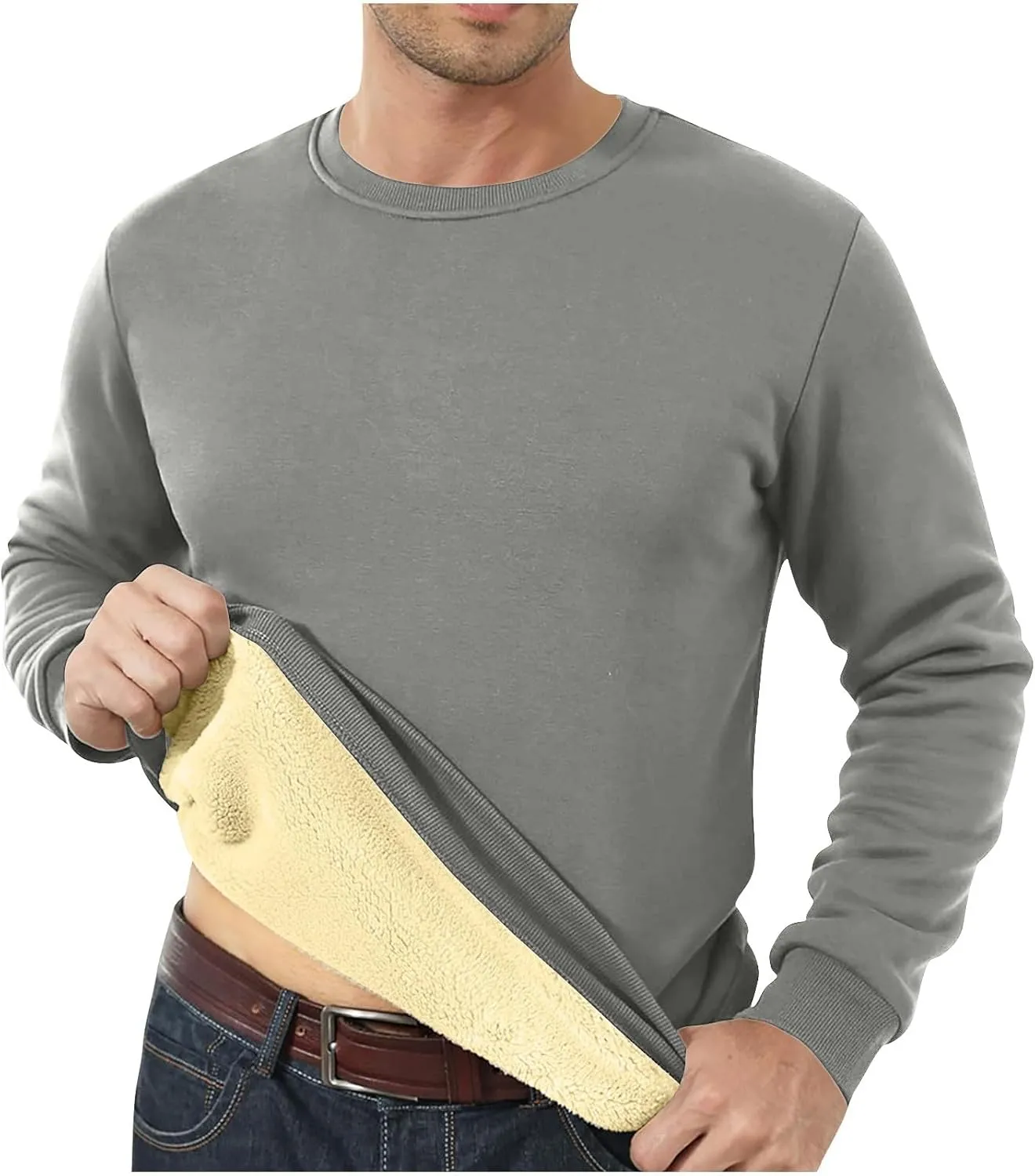 Long Sleeve Shirts for Men Fleece Crewneck Plus Size Sweatshirt Plain Sherpa Lined Thermal Pullover Winter Warm Shirt