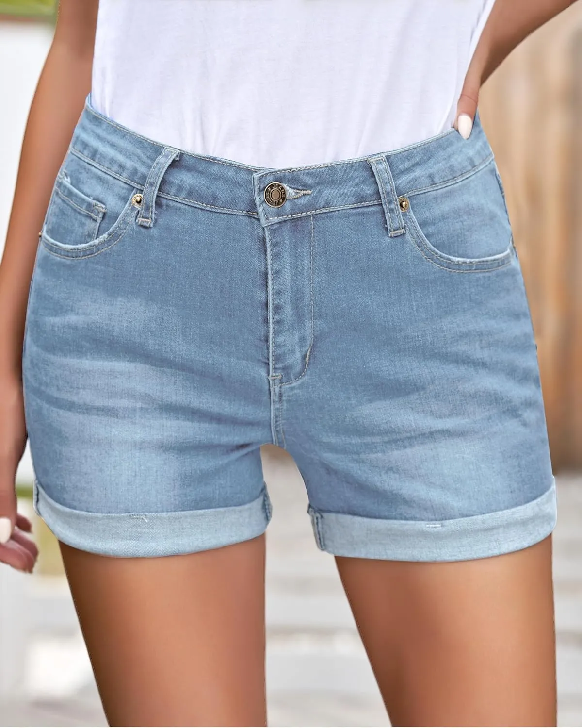 LookbookStore Women's High Waisted Rolled Hem Distressed Jeans Ripped Denim Shorts
