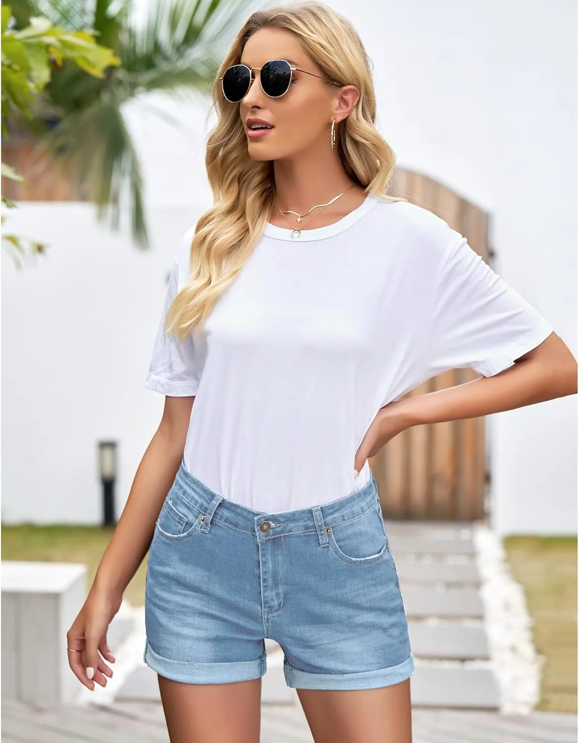 LookbookStore Women's High Waisted Rolled Hem Distressed Jeans Ripped Denim Shorts