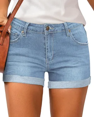 LookbookStore Women's High Waisted Rolled Hem Distressed Jeans Ripped Denim Shorts