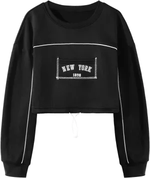 LovelyWholesale Womens Graphic Cropped Sweatshirts Drawstring Long Sleeve Pullover Sweatshirt
