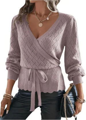 MakeMeChic Women's Wrap V Neck Sweaters Belted Hollow Out Long Sleeve Tie Front Knitted Pullover Top