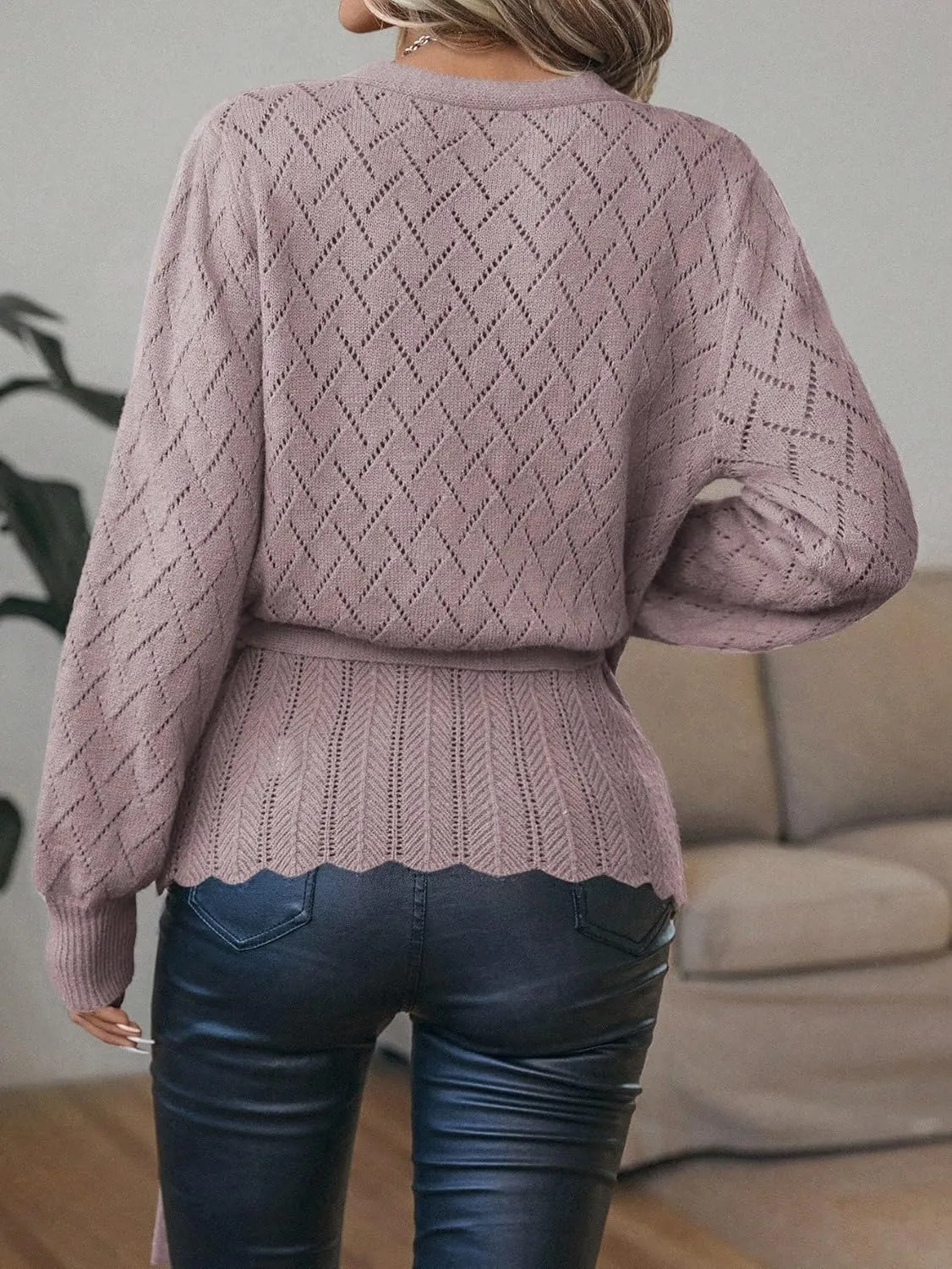 MakeMeChic Women's Wrap V Neck Sweaters Belted Hollow Out Long Sleeve Tie Front Knitted Pullover Top