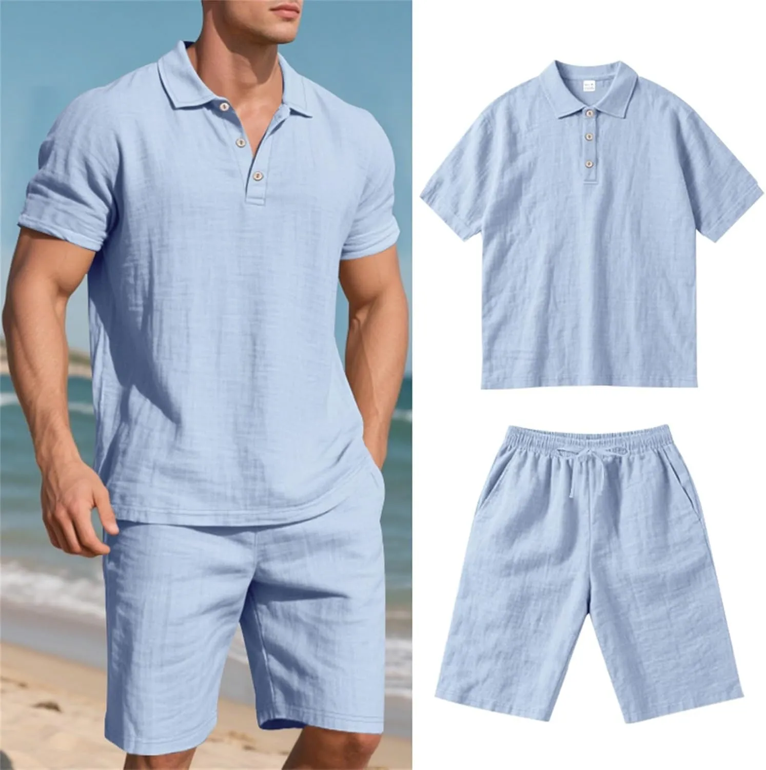 Men's 2 Pieces Linen Sets Casual Button Up Collared Polo Shirts and Shorts Summer Vacation Beach Yoga Pants Outfits