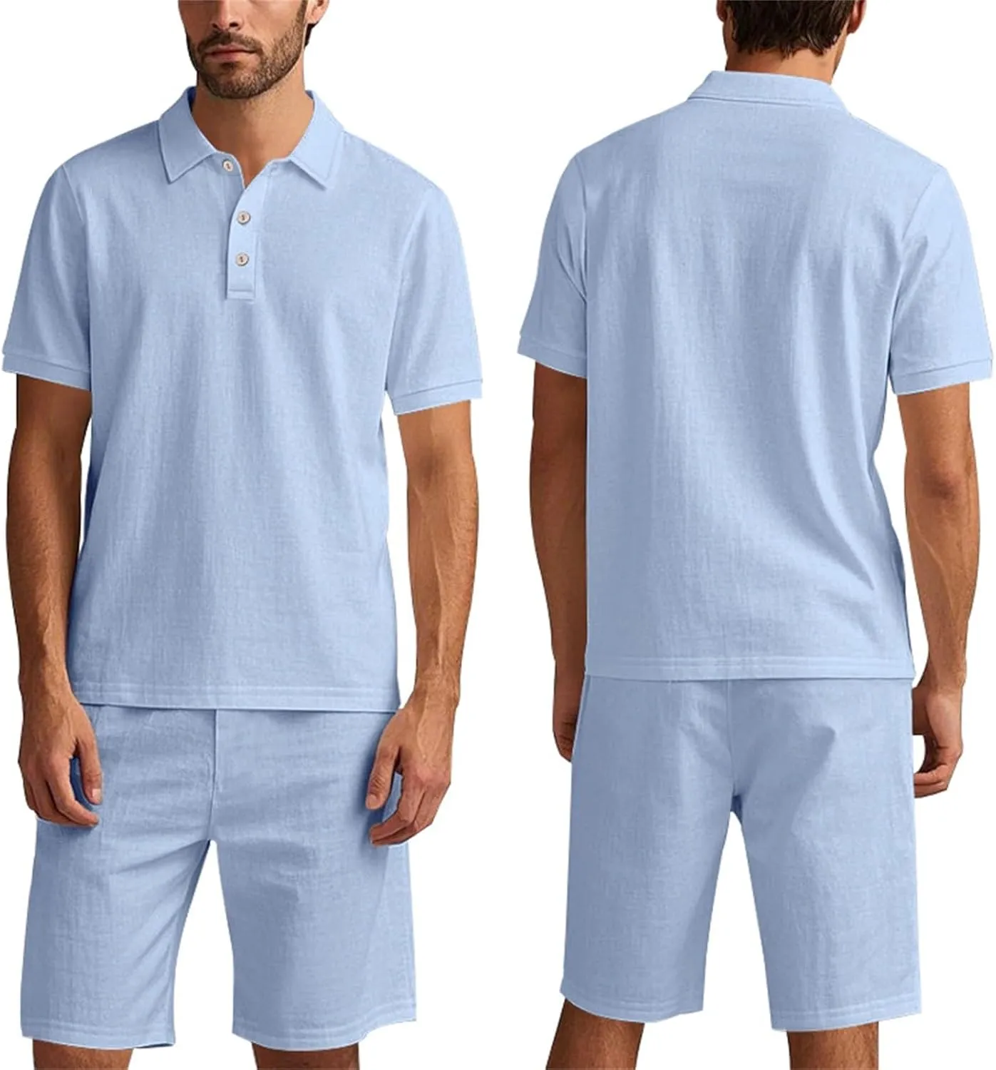 Men's 2 Pieces Linen Sets Casual Button Up Collared Polo Shirts and Shorts Summer Vacation Beach Yoga Pants Outfits