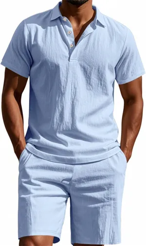 Men's 2 Pieces Linen Sets Casual Button Up Collared Polo Shirts and Shorts Summer Vacation Beach Yoga Pants Outfits