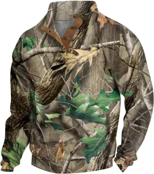 Mens Camo Sweatshirt Stand Collar Pullover, Buckle Closure, for Camouflage Training Clothes and Outdoor Sportswear