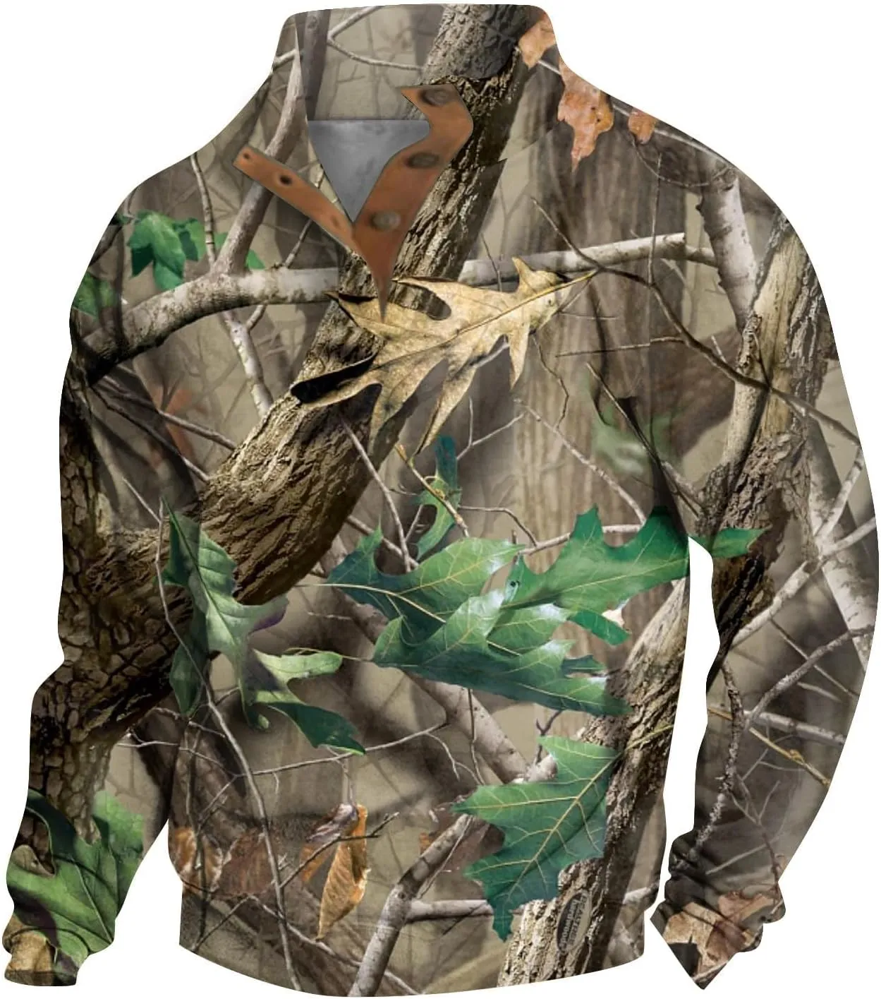 Mens Camo Sweatshirt Stand Collar Pullover, Buckle Closure, for Camouflage Training Clothes and Outdoor Sportswear
