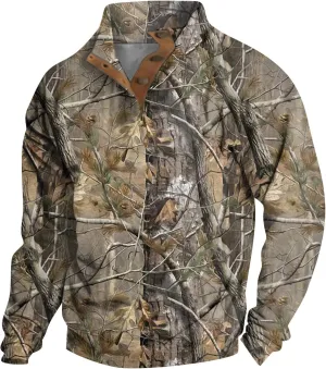 Mens Camo Sweatshirt Stand Collar Pullover, Buckle Closure, for Camouflage Training Clothes and Outdoor Sportswear