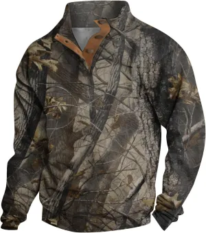 Mens Camo Sweatshirt Stand Collar Pullover, Buckle Closure, for Camouflage Training Clothes and Outdoor Sportswear