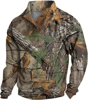 Mens Camo Sweatshirt Stand Collar Pullover, Buckle Closure, for Camouflage Training Clothes and Outdoor Sportswear