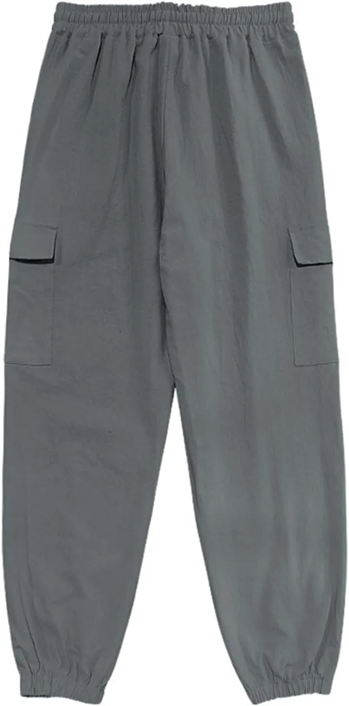 Men's Cargo Sweatpants Drawstring Joggers Relaxed Fit Stretch Linen Cotton Casual Pants with Pockets