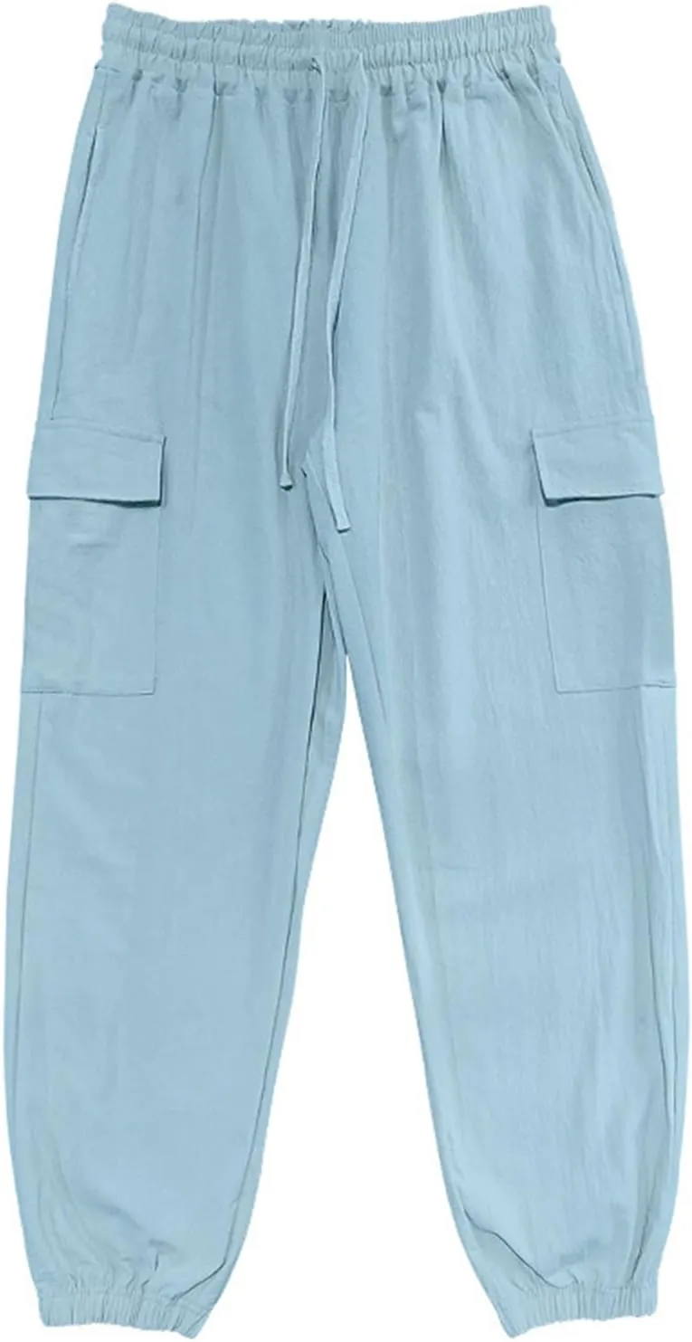 Men's Cargo Sweatpants Drawstring Joggers Relaxed Fit Stretch Linen Cotton Casual Pants with Pockets