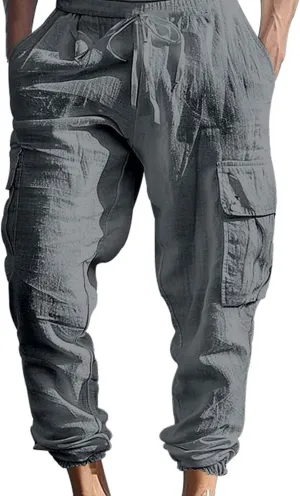 Men's Cargo Sweatpants Drawstring Joggers Relaxed Fit Stretch Linen Cotton Casual Pants with Pockets