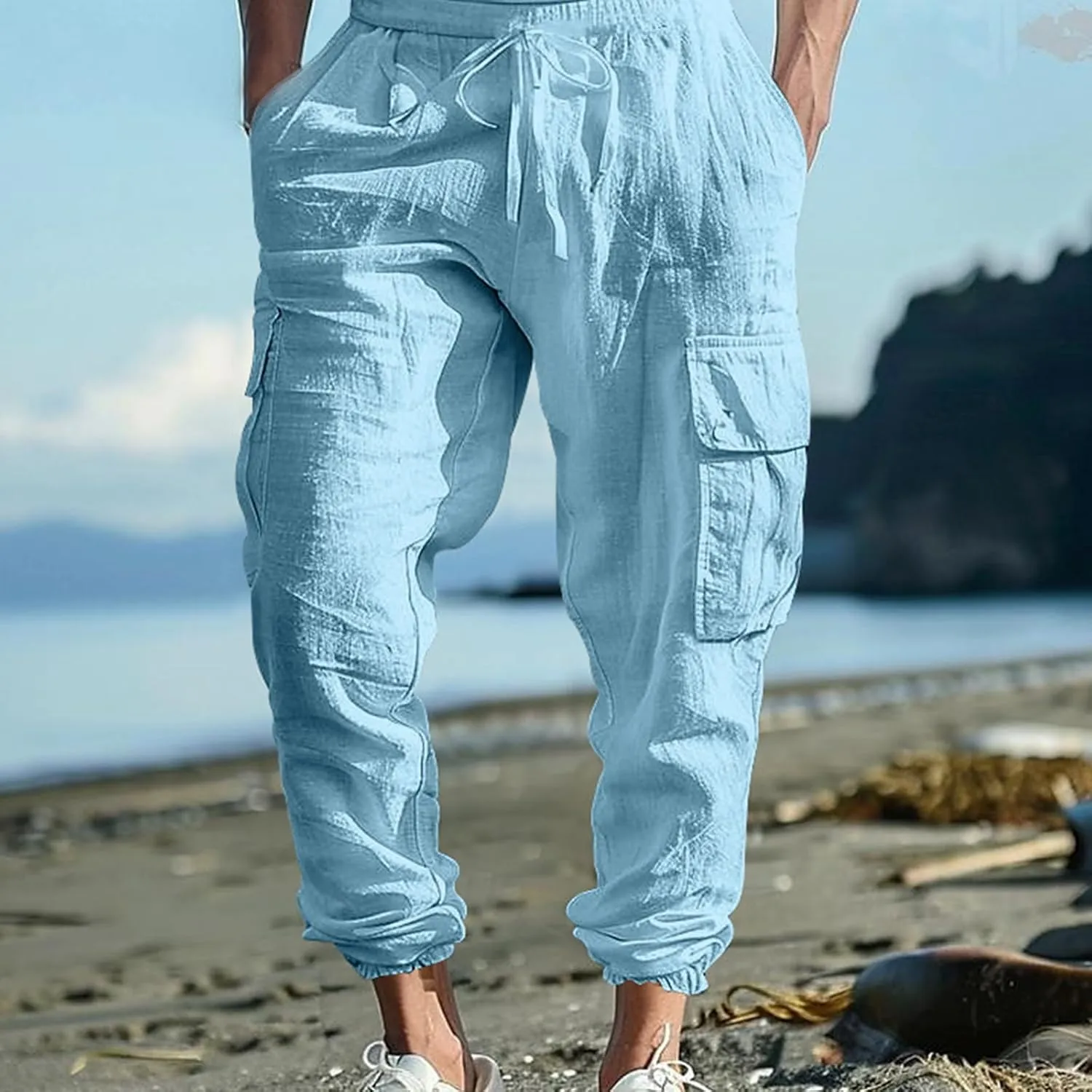 Men's Cargo Sweatpants Drawstring Joggers Relaxed Fit Stretch Linen Cotton Casual Pants with Pockets