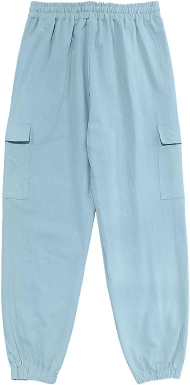 Men's Cargo Sweatpants Drawstring Joggers Relaxed Fit Stretch Linen Cotton Casual Pants with Pockets