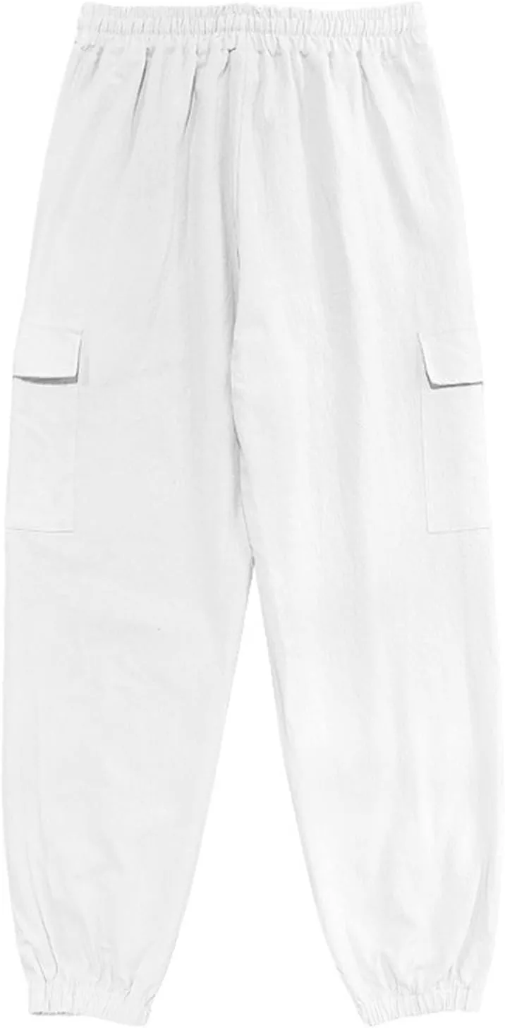 Men's Cargo Sweatpants Drawstring Joggers Relaxed Fit Stretch Linen Cotton Casual Pants with Pockets
