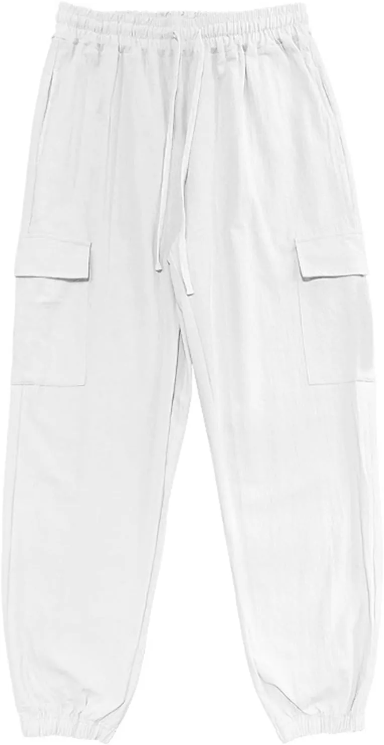 Men's Cargo Sweatpants Drawstring Joggers Relaxed Fit Stretch Linen Cotton Casual Pants with Pockets