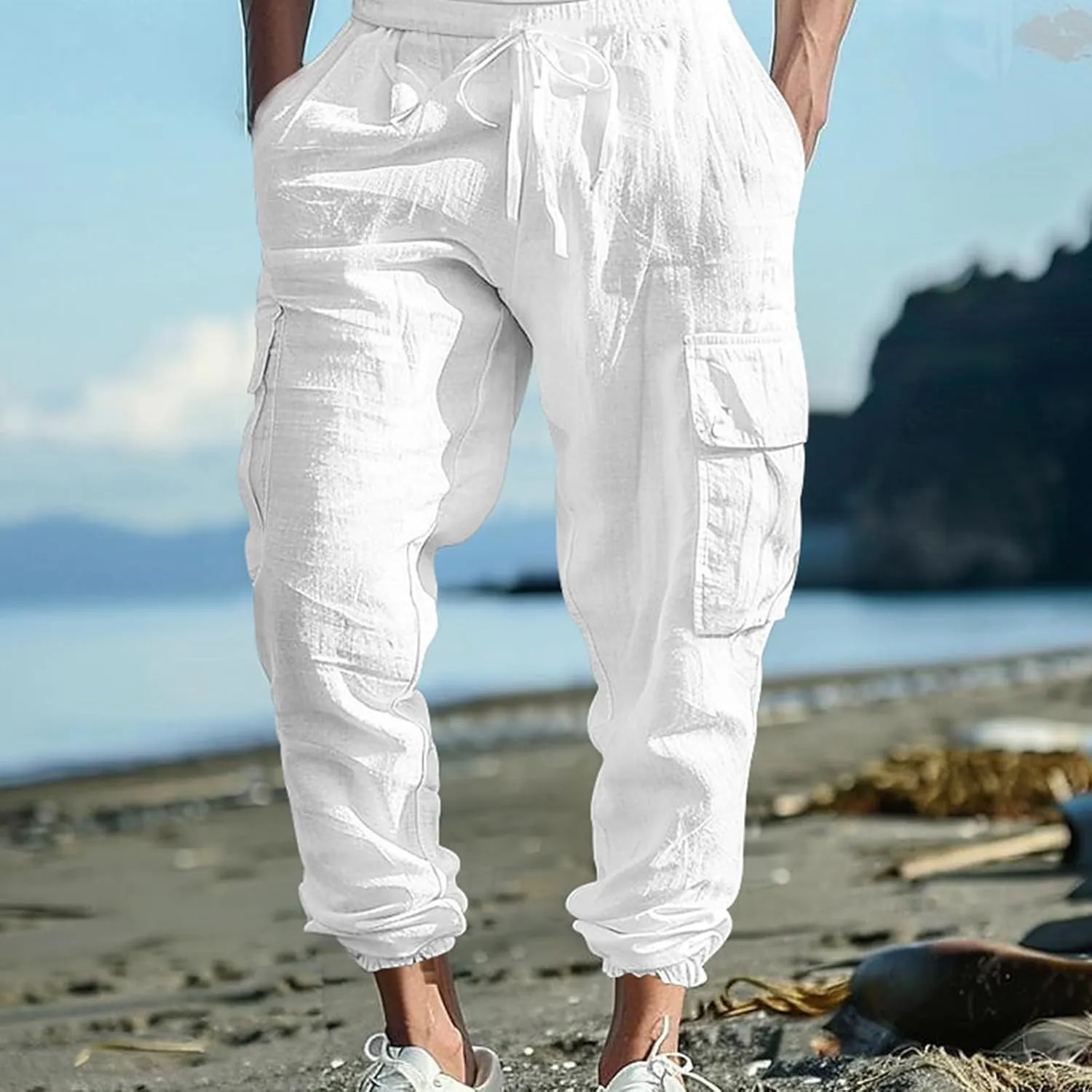 Men's Cargo Sweatpants Drawstring Joggers Relaxed Fit Stretch Linen Cotton Casual Pants with Pockets
