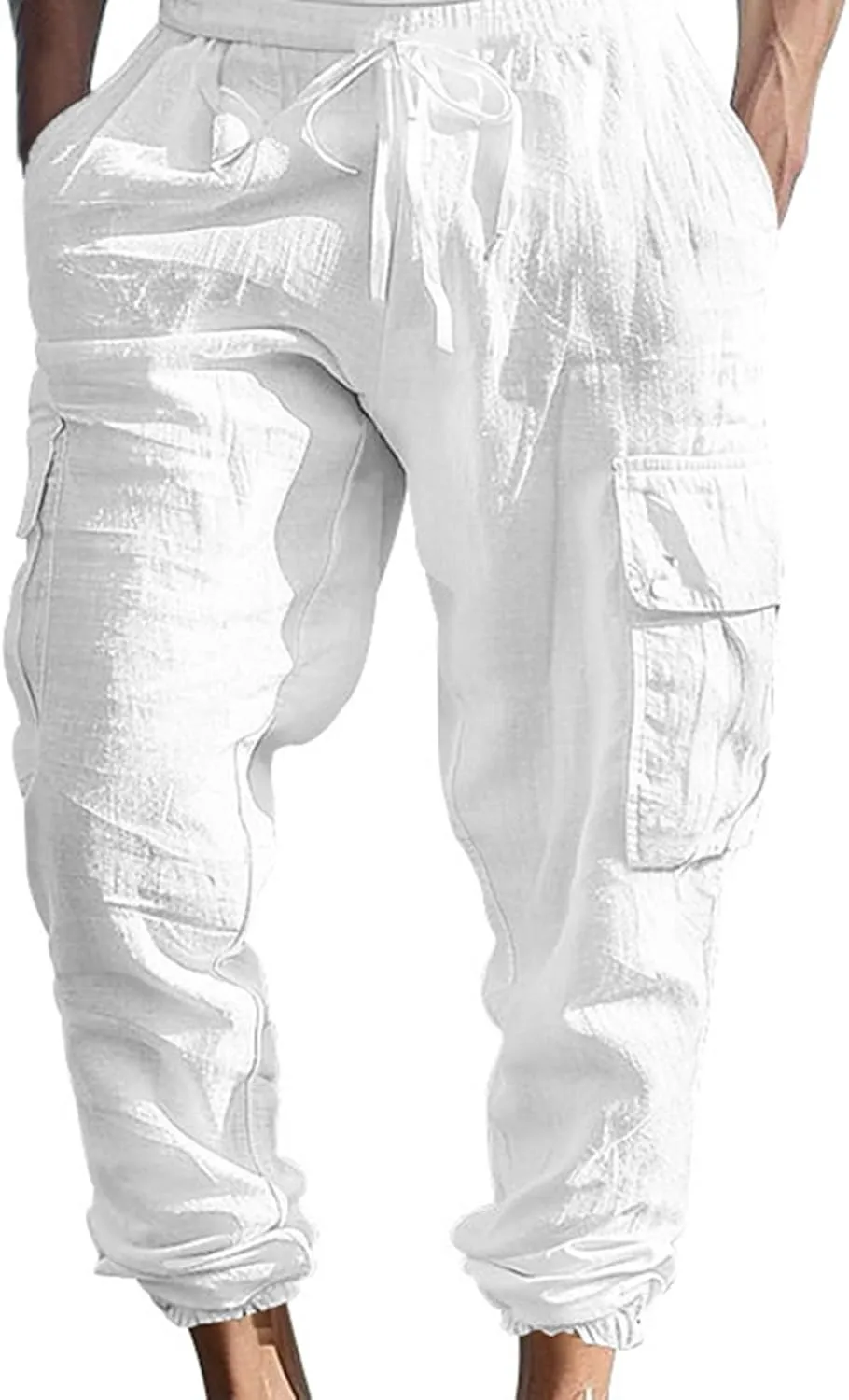 Men's Cargo Sweatpants Drawstring Joggers Relaxed Fit Stretch Linen Cotton Casual Pants with Pockets