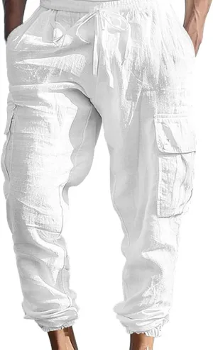 Men's Cargo Sweatpants Drawstring Joggers Relaxed Fit Stretch Linen Cotton Casual Pants with Pockets