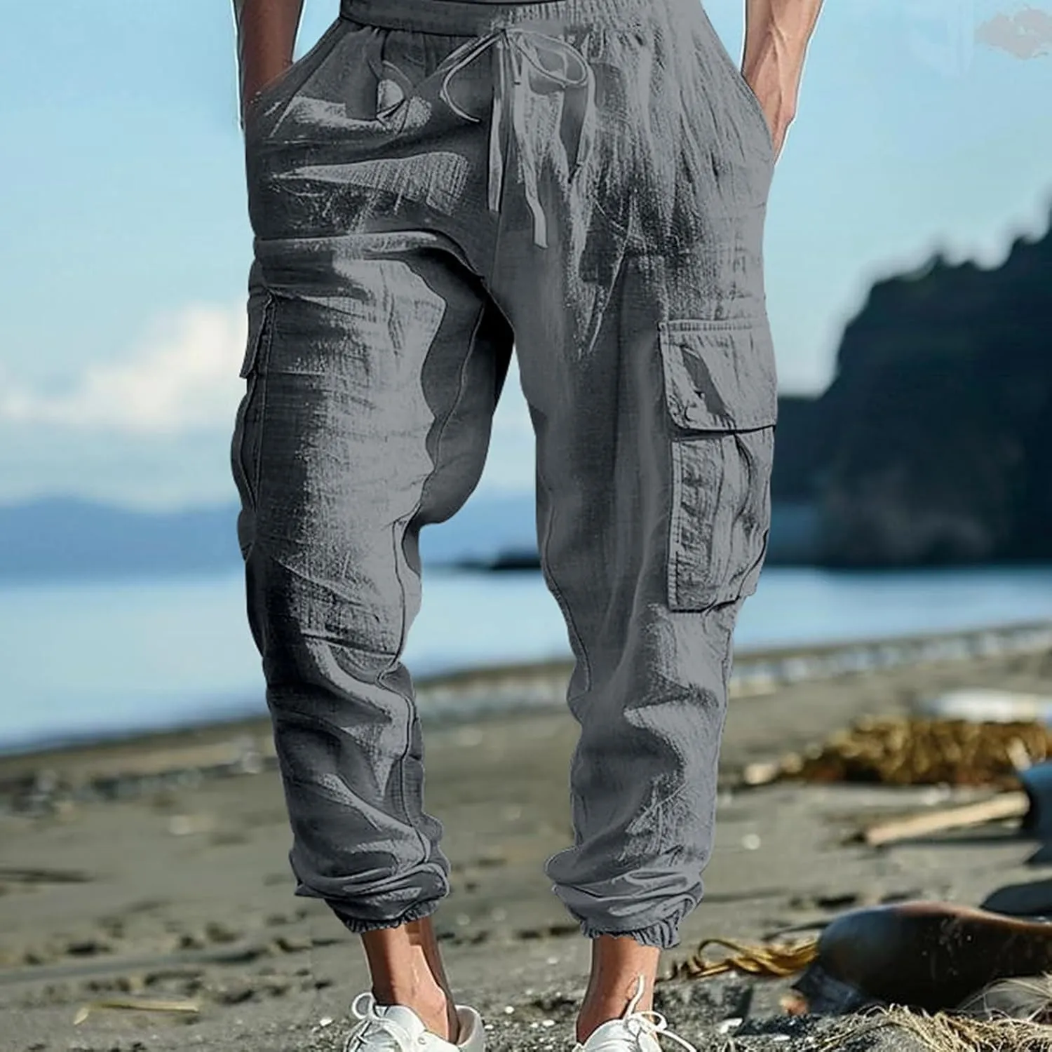 Men's Cargo Sweatpants Drawstring Joggers Relaxed Fit Stretch Linen Cotton Casual Pants with Pockets